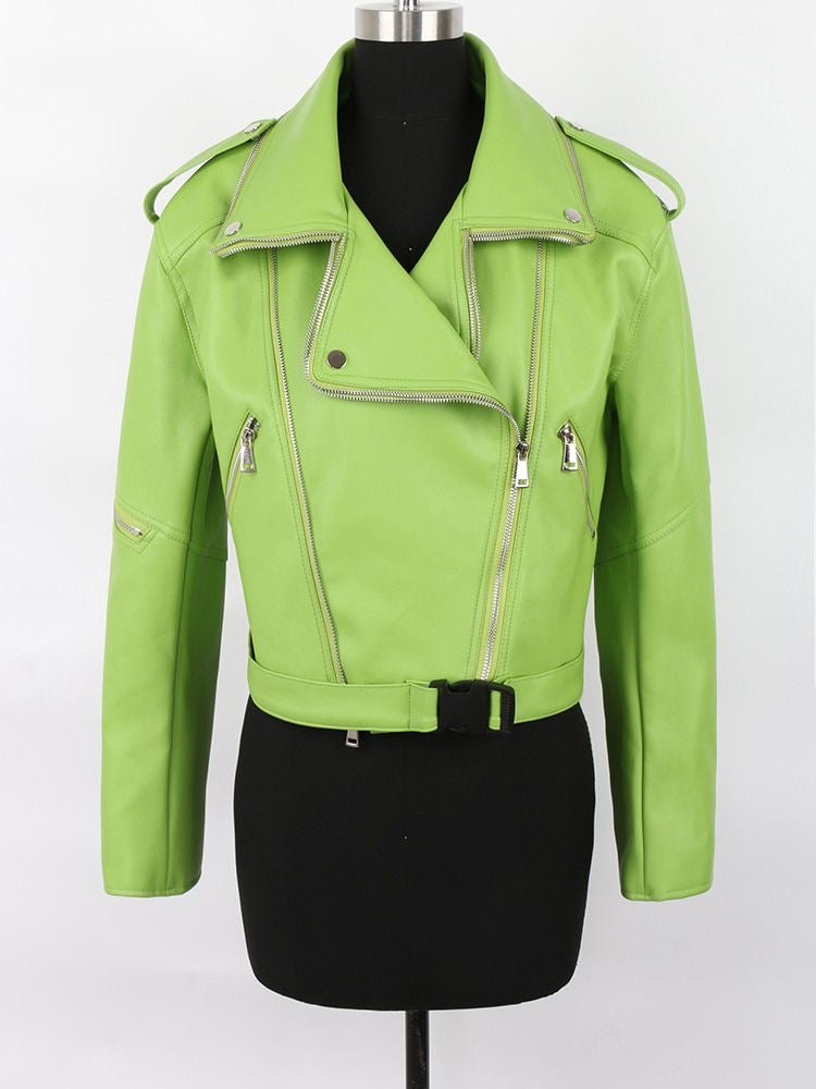 2023 Biker Girl Autumn Colored Green Black Short Leather Biker women Jacket