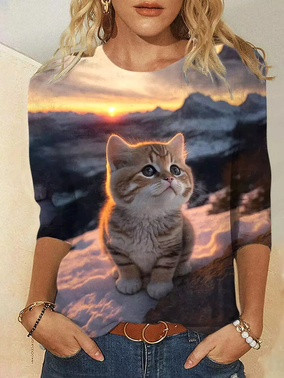 3D Cat Print Women's Long Sleeve T-Shirt for Spring and Fall