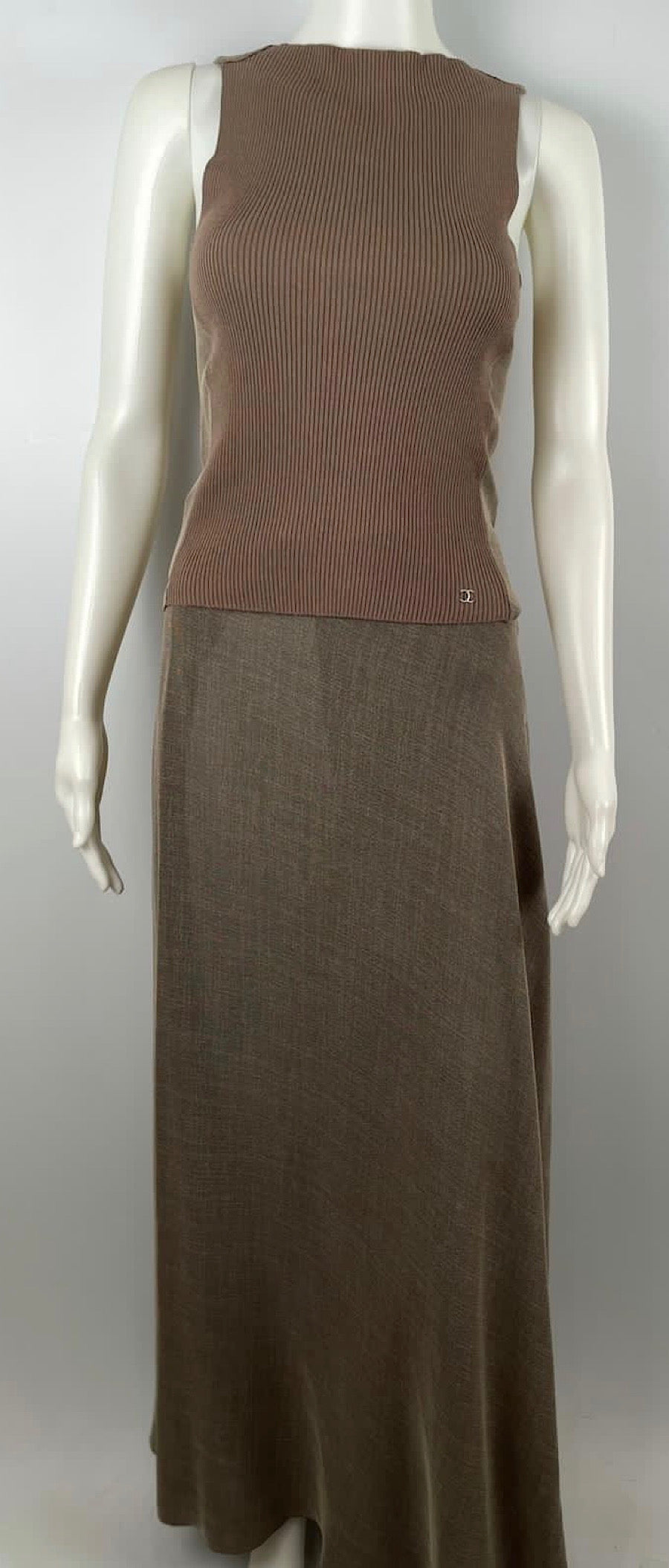 99P, 1999 Spring Vintage Chanel brown 4 piece Outfit Dress Set Jacket Skirt Blouse FR 38 US 4/6