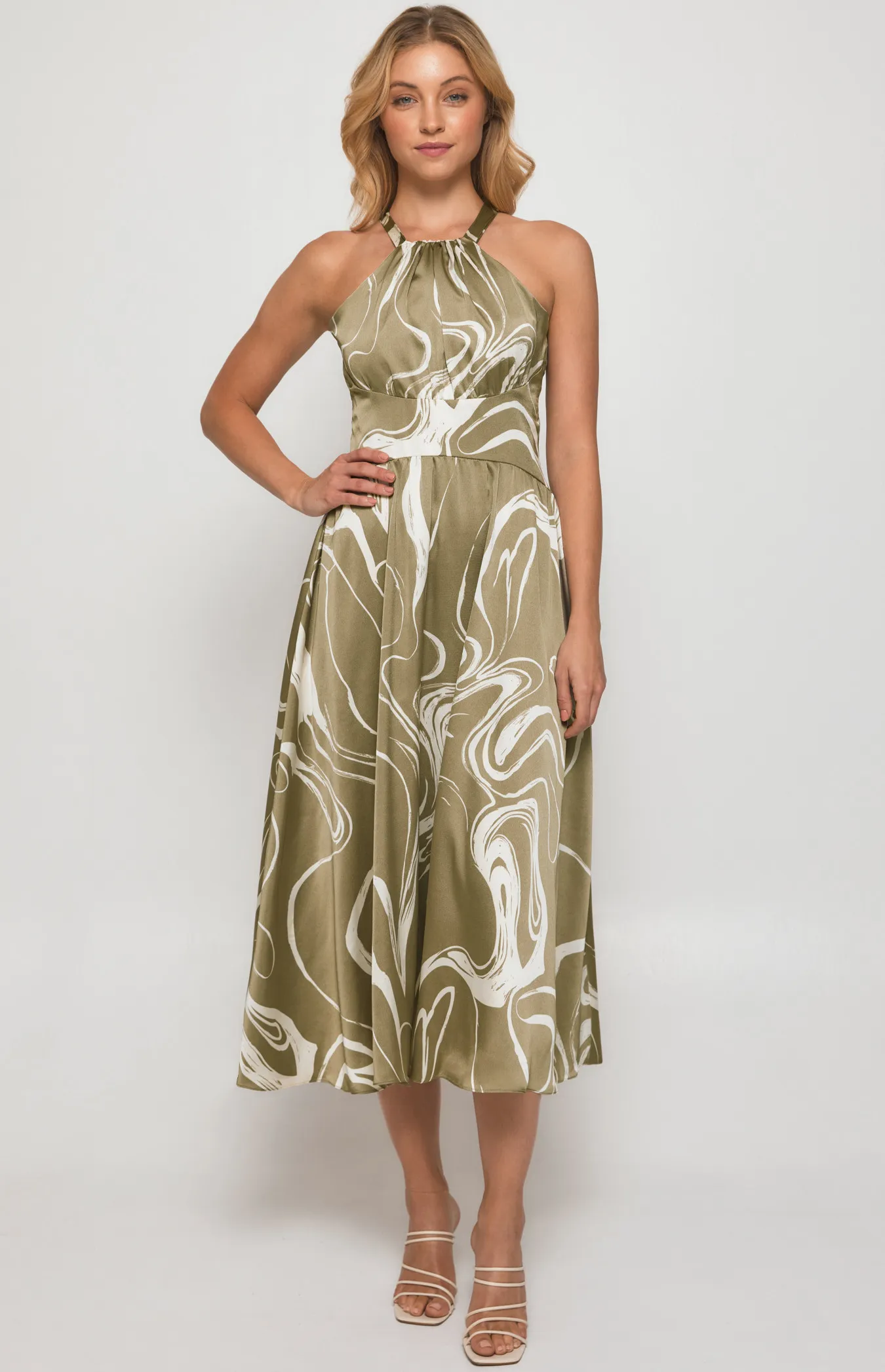 Abstract Satin Print Halter Midi Dress (SDR1381A)