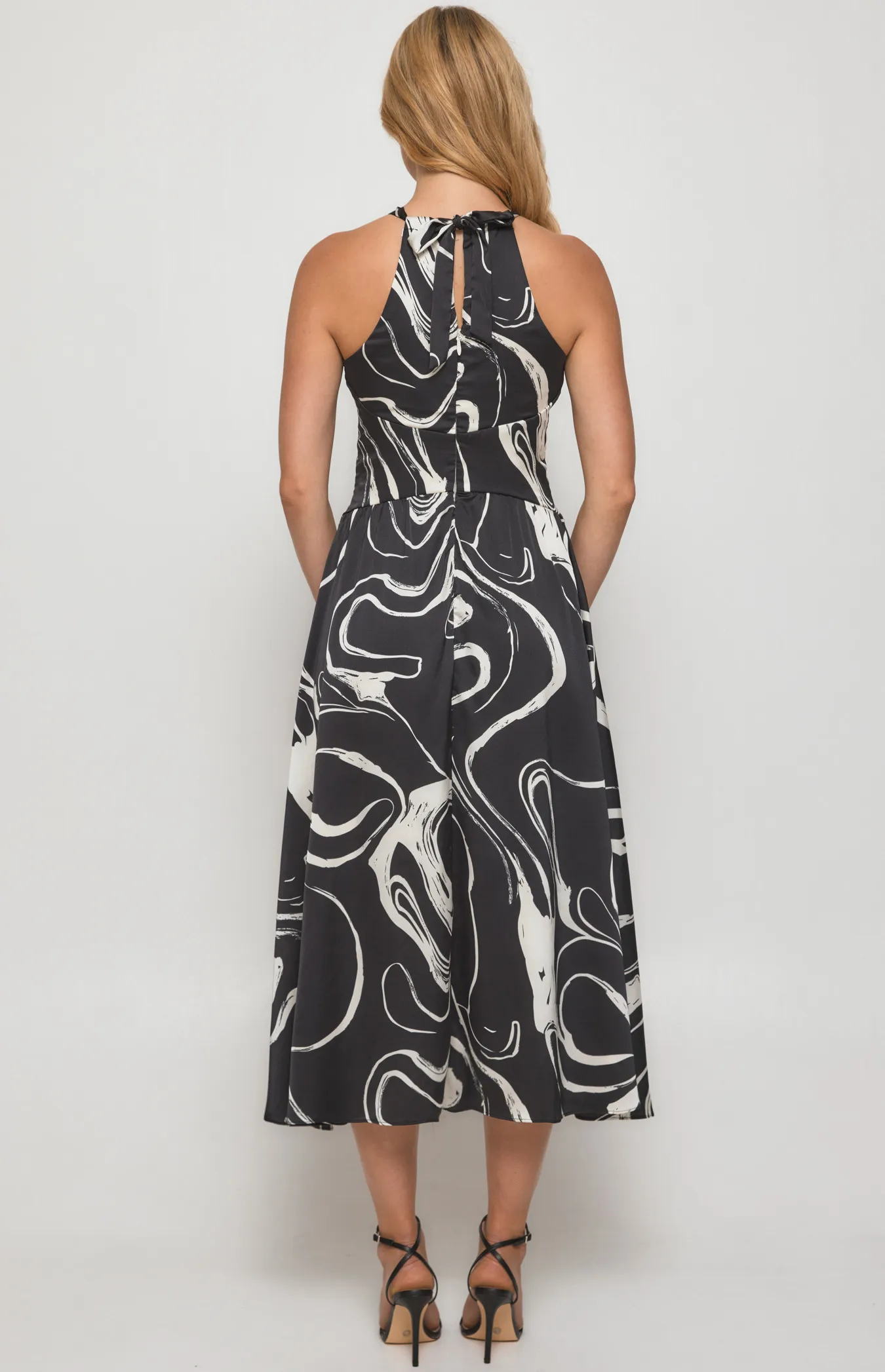 Abstract Satin Print Halter Midi Dress (SDR1381A)