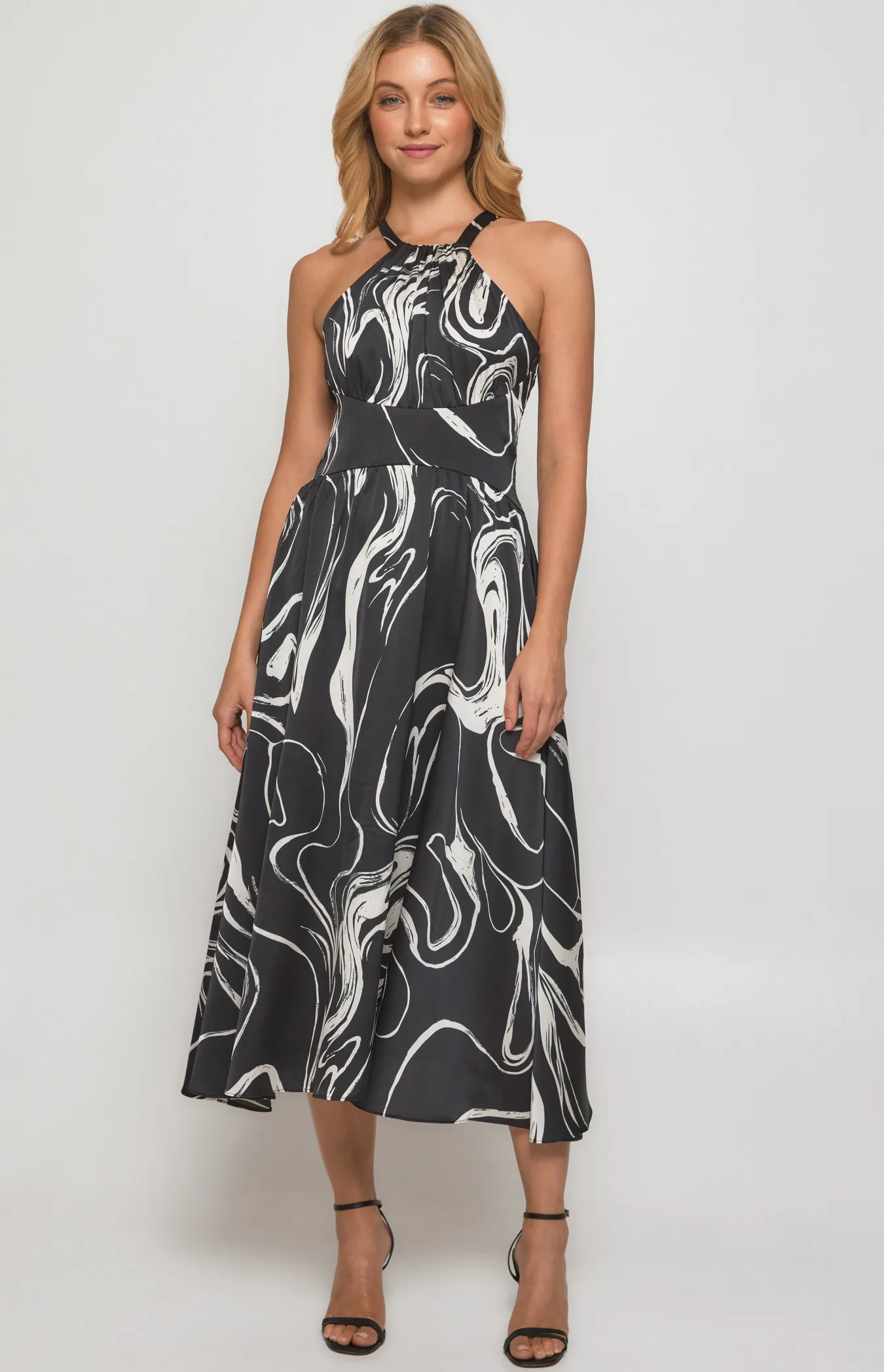 Abstract Satin Print Halter Midi Dress (SDR1381A)