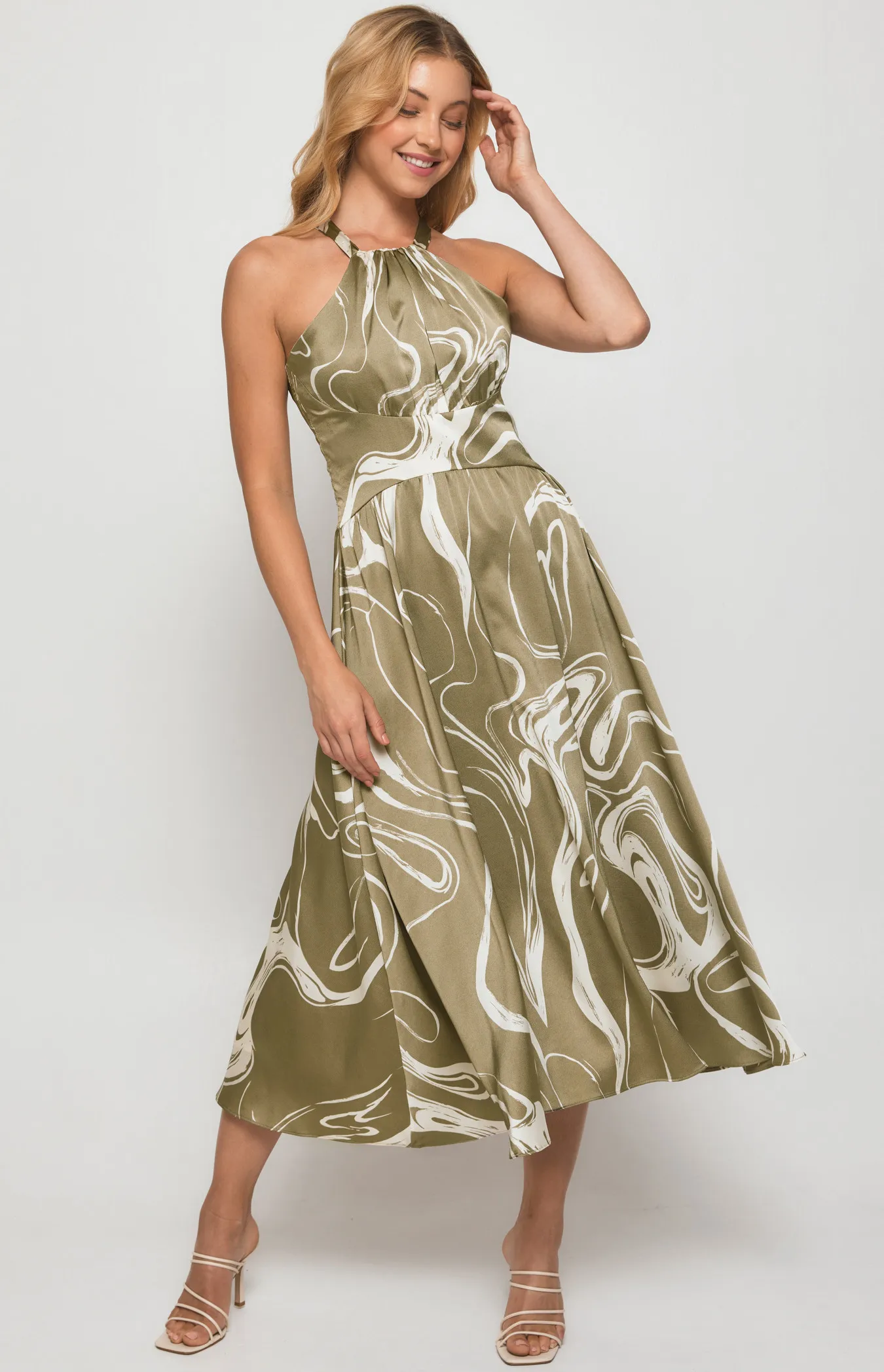 Abstract Satin Print Halter Midi Dress (SDR1381A)