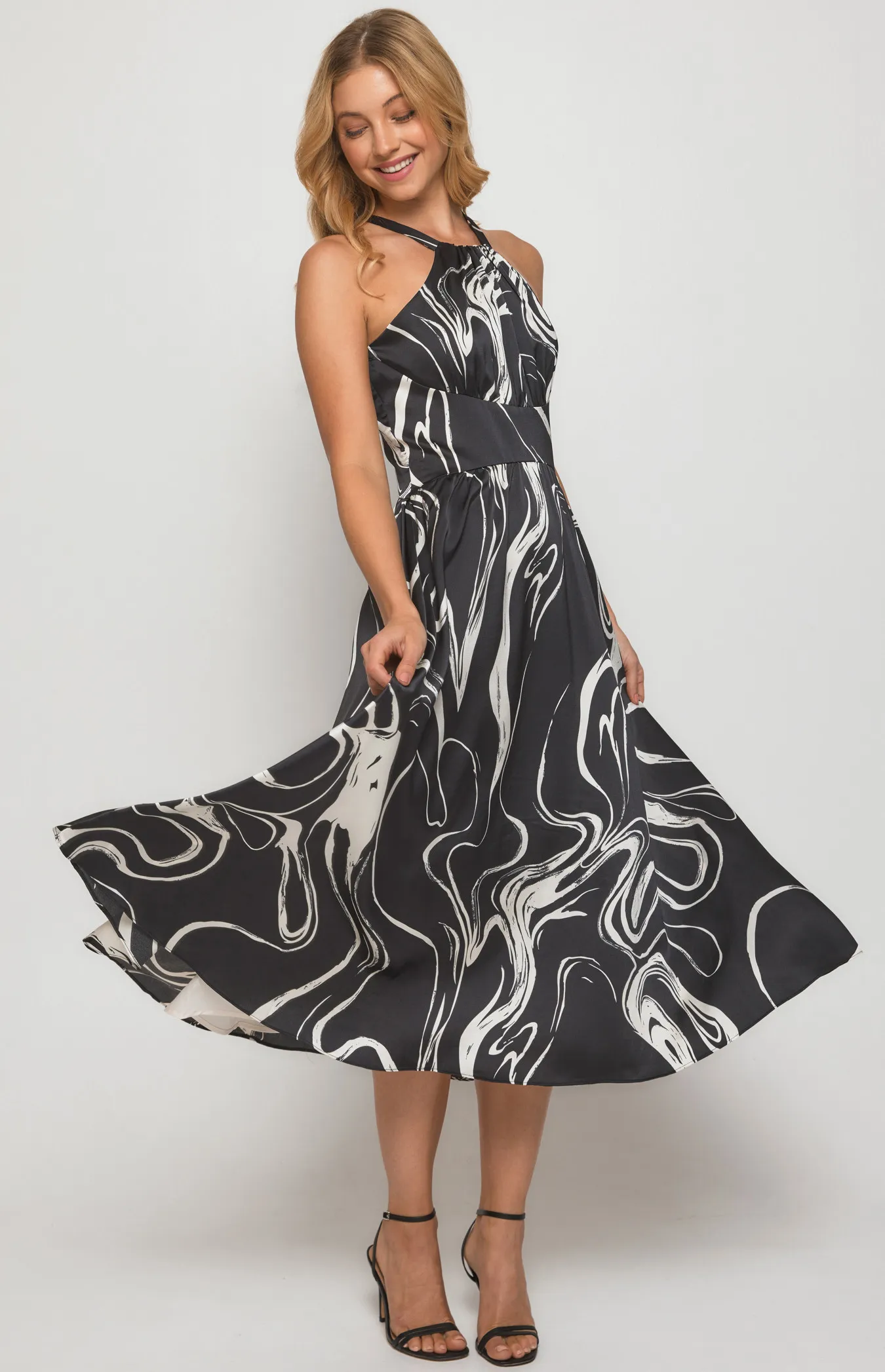 Abstract Satin Print Halter Midi Dress (SDR1381A)