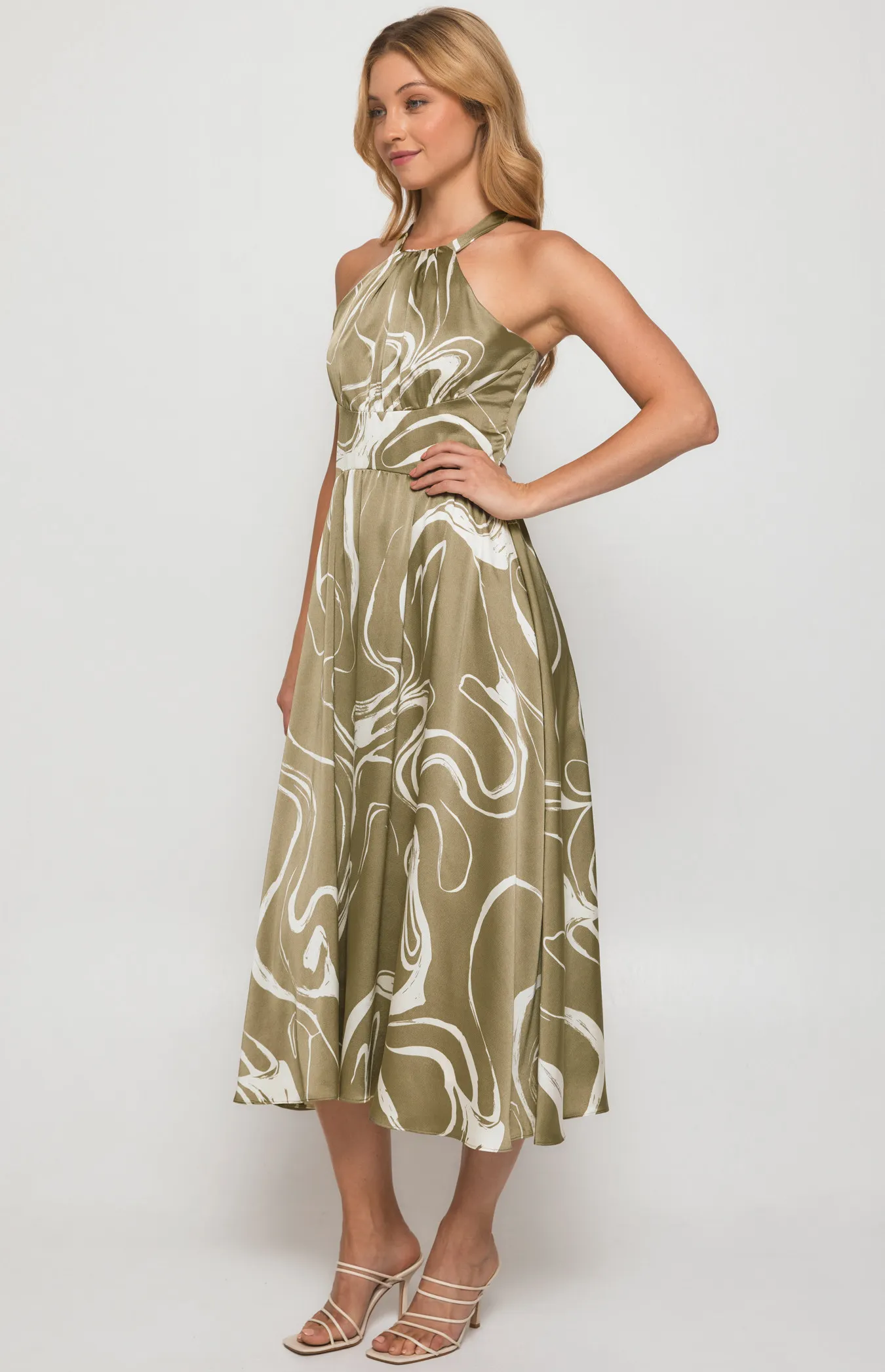 Abstract Satin Print Halter Midi Dress (SDR1381A)