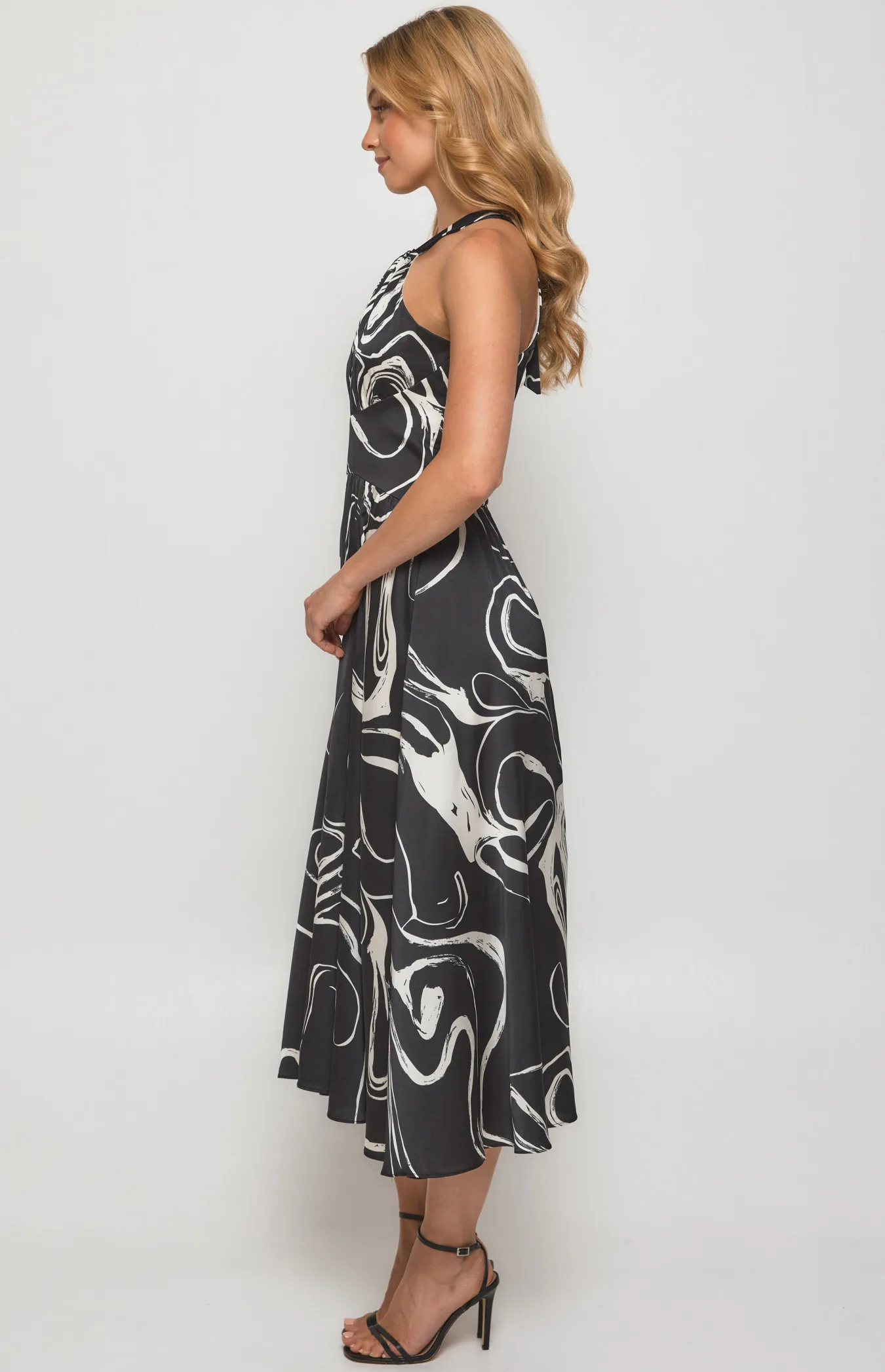 Abstract Satin Print Halter Midi Dress (SDR1381A)