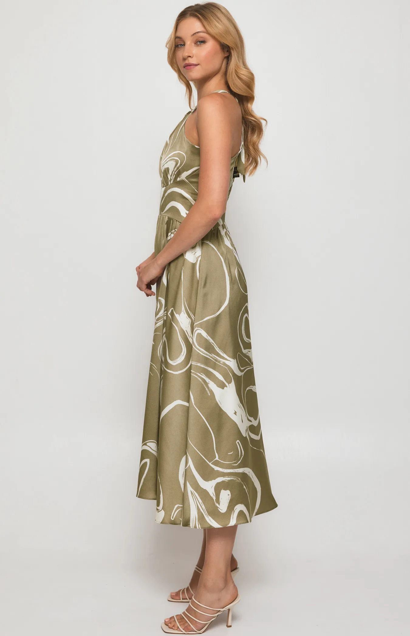 Abstract Satin Print Halter Midi Dress (SDR1381A)