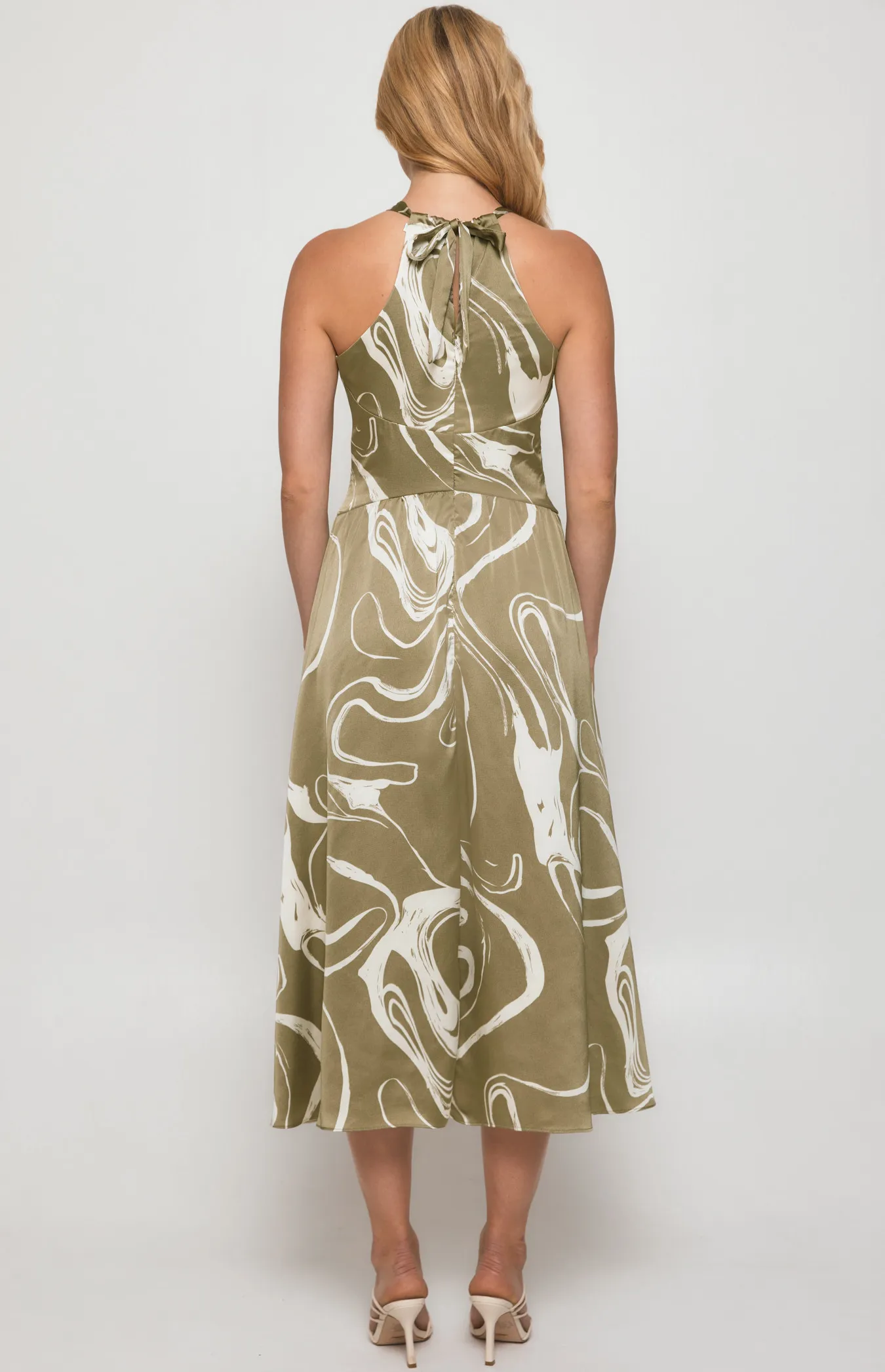 Abstract Satin Print Halter Midi Dress (SDR1381A)