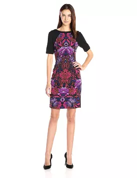 Adrianna Papell - Graphic Floral Color Block Sheath Dress AP1D100057 - 1 pc Pink Multi In Size 6 Available