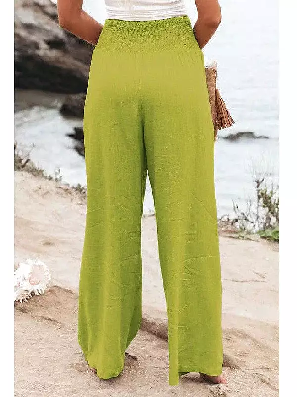 Apple Green and Black Women's Wide Leg Linen Pants