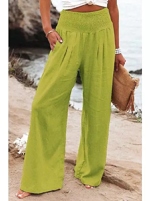 Apple Green and Black Women's Wide Leg Linen Pants