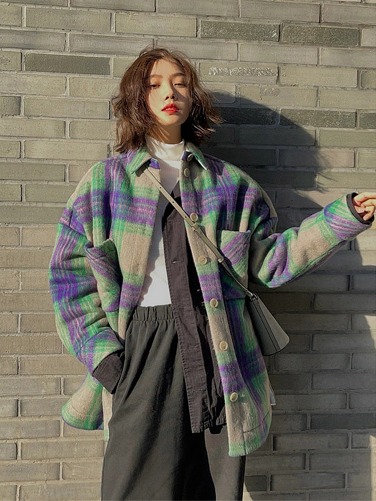 Ashore Shop Autumn Winter Loose Casual Colorful Plaid Woolen Jacket Women