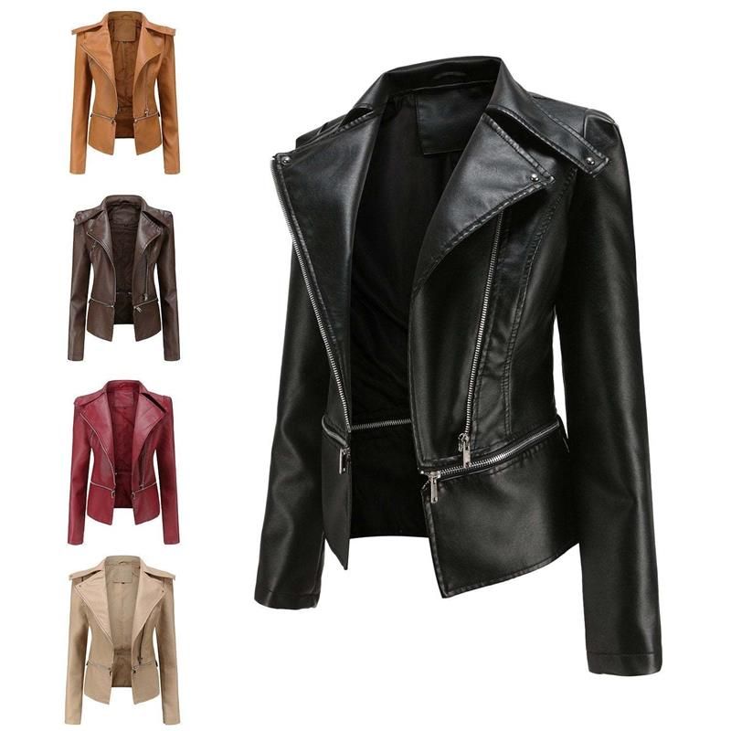 Ashore Shop Gothic Soft Leather Women Autumn Jacket Black Moto Jacket Zippers Long Sleeve Female PU Faux Bblack Leather Jacket P