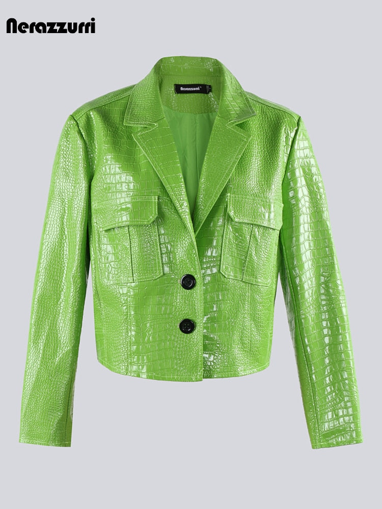 Autumn Short Cool Green Black Hard Shiny Crocodile Print Patent Pu Leather Jacket Women Long Sleeve Y2K Clothes 2023