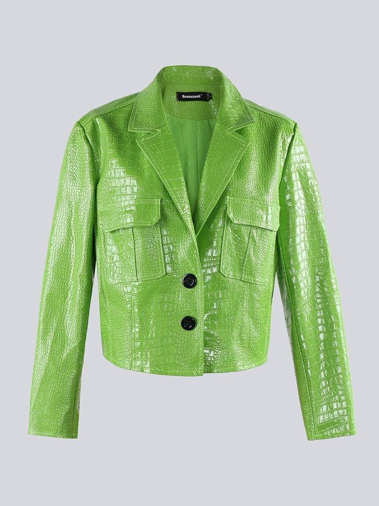 Autumn Short Cool Green Black Hard Shiny Crocodile Print Patent Pu Leather Jacket Women Long Sleeve Y2K Clothes 2023