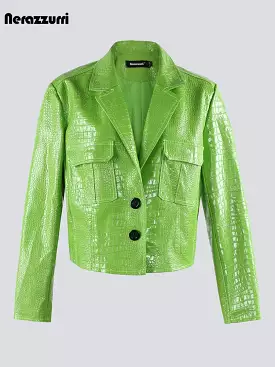 Autumn Short Cool Green Black Hard Shiny Crocodile Print Patent Pu Leather Jacket Women Long Sleeve Y2K Clothes 2023