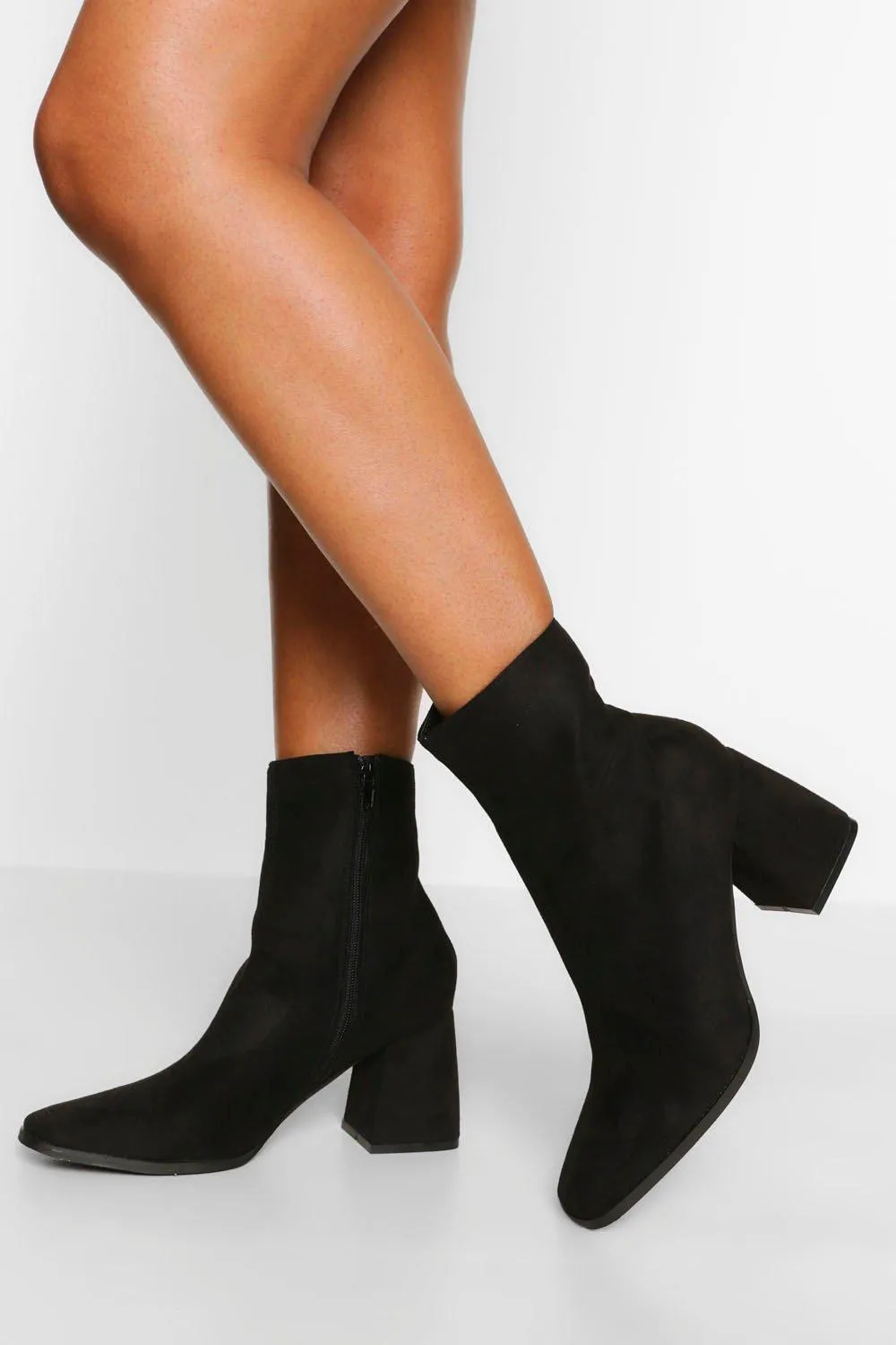 Block Heel Square Toe Sock Boot