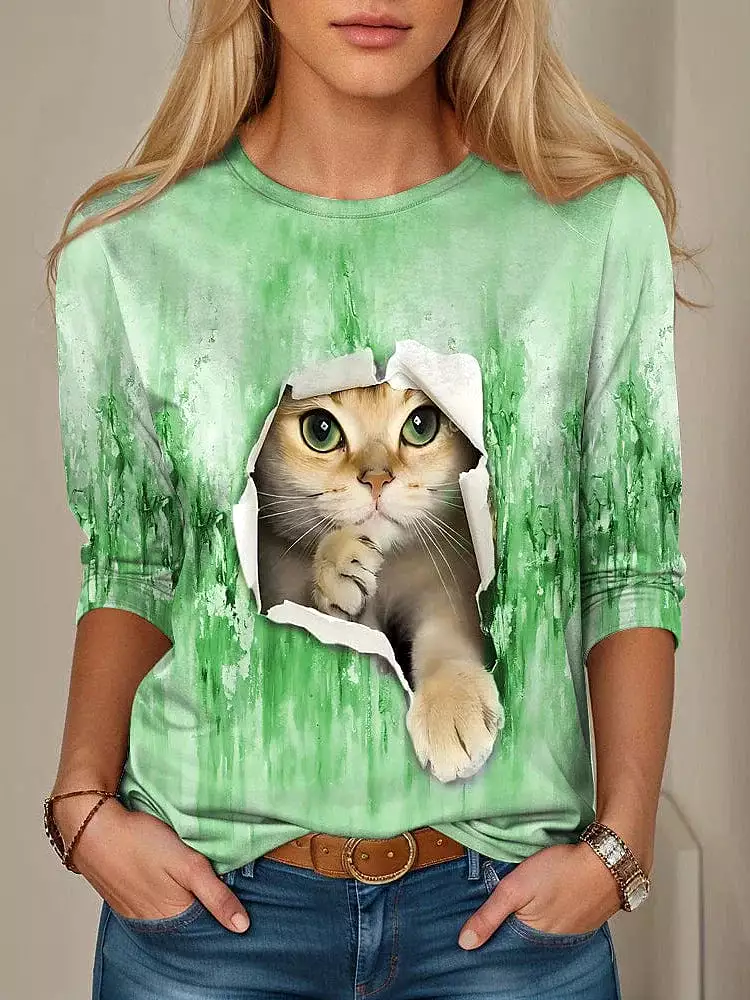 Blue Purple Green 3D Cat Print Women's Long Sleeve T-shirt