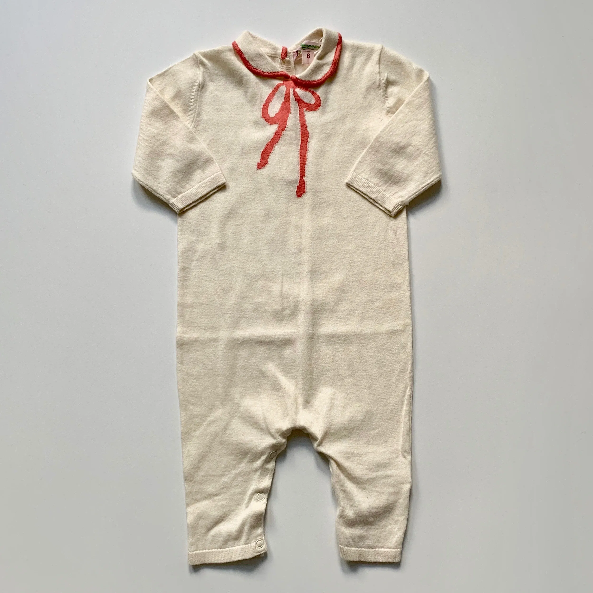 Bonpoint Cream Cotton Romper With Bow Detail: 6 Months