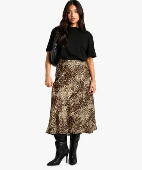 boohoo Womens Petite Leopard Satin Midaxi Skirt