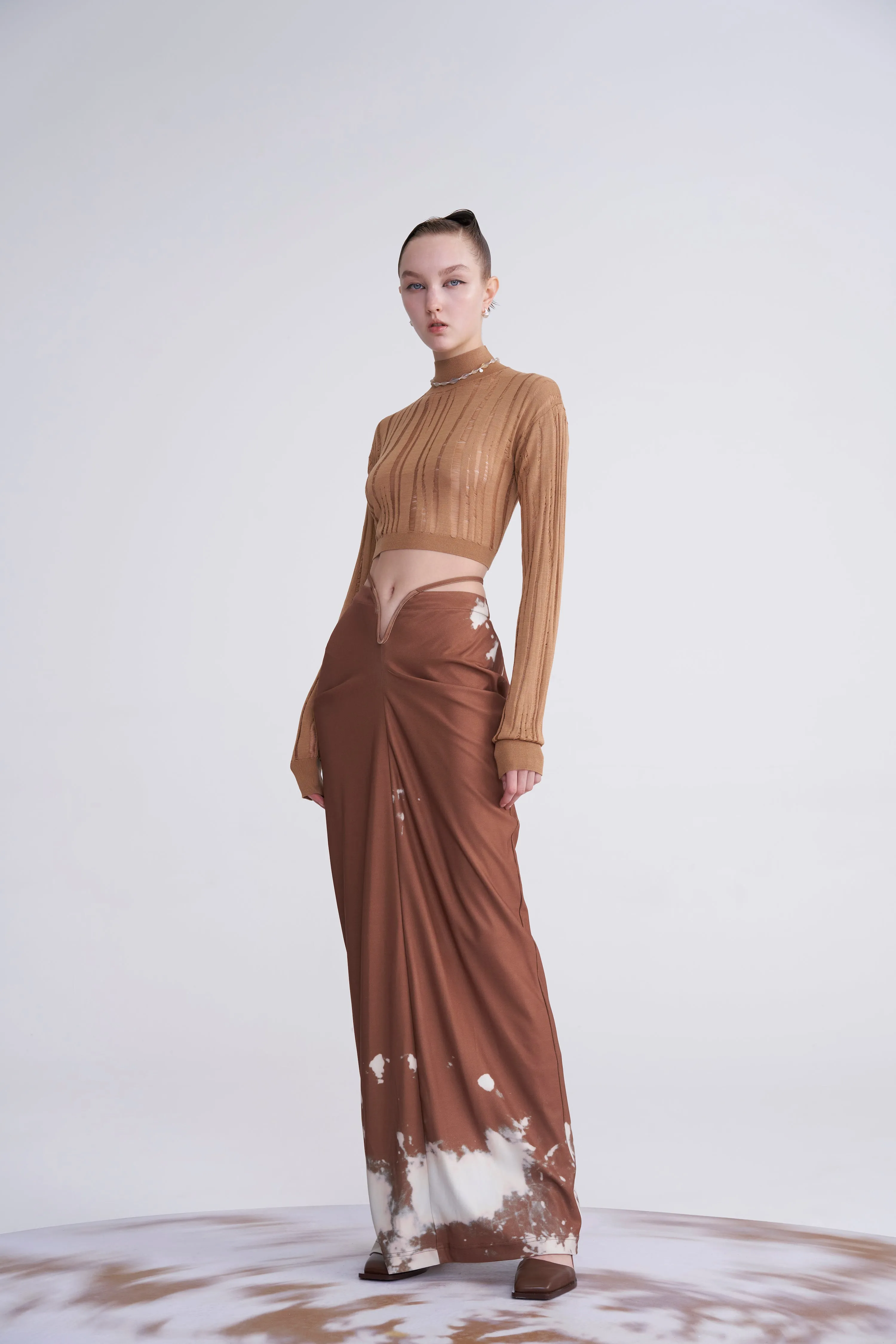 BROWN TIE-WAIST PRINT DRAPED SKIRT