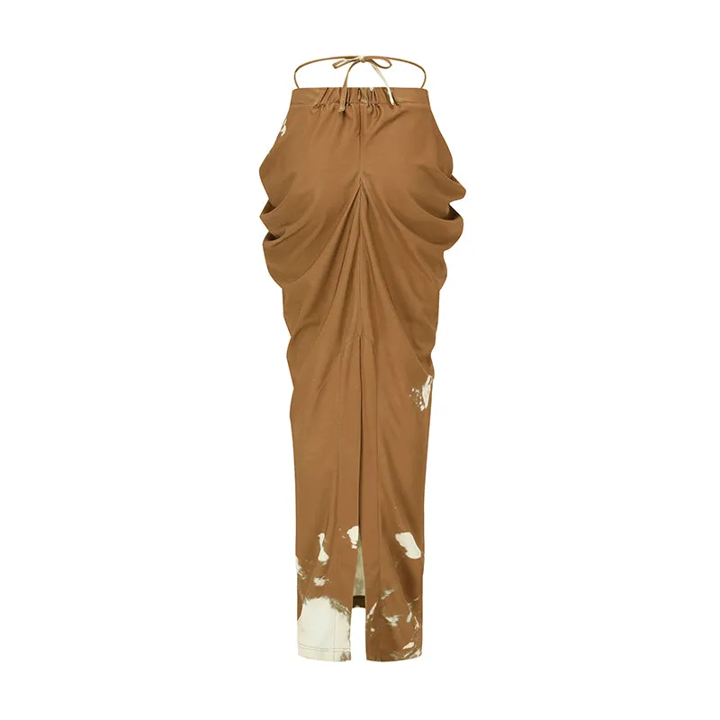 BROWN TIE-WAIST PRINT DRAPED SKIRT