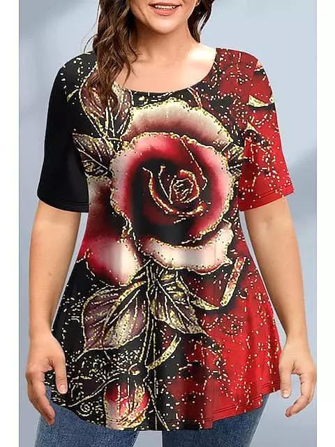 Burgundy Floral Wine Red Print Plus Size T-shirt for Women