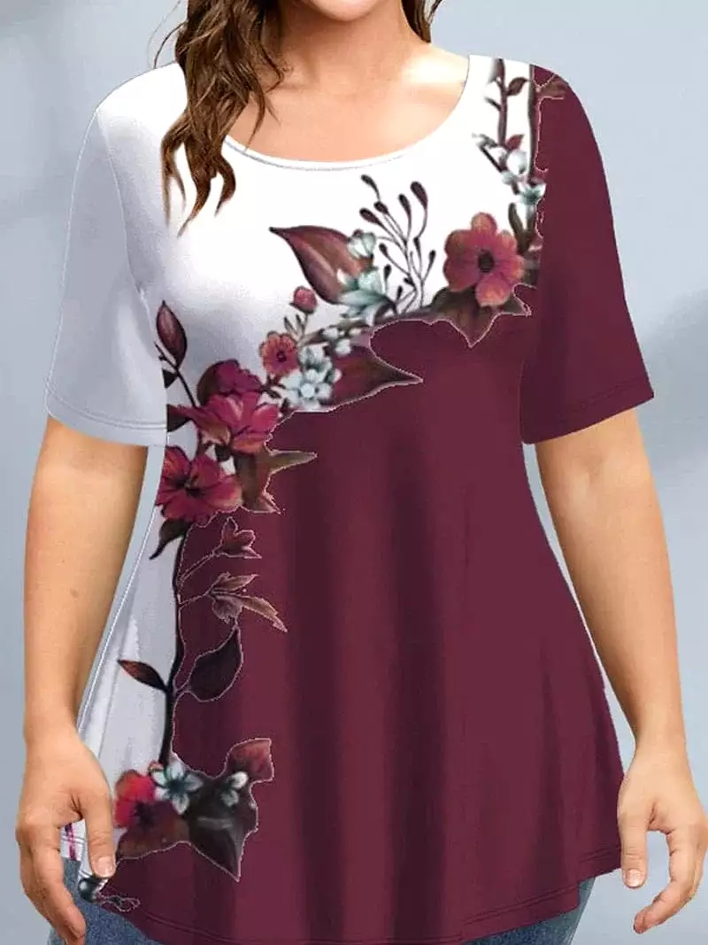 Burgundy Floral Wine Red Print Plus Size T-shirt for Women