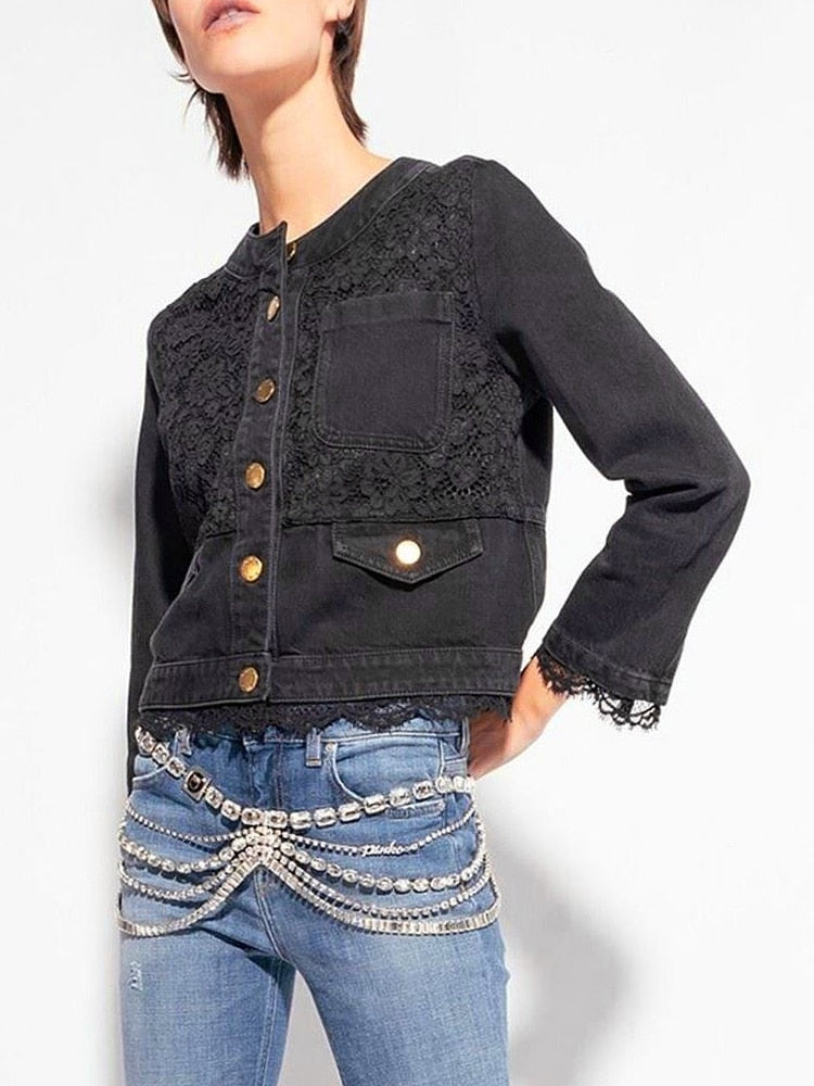 Casual Spliced Lace Denim Coats For Women Round Neck Long Sleeve Patchwork Buttons Solid Loose Jacket Female Spring Clothing