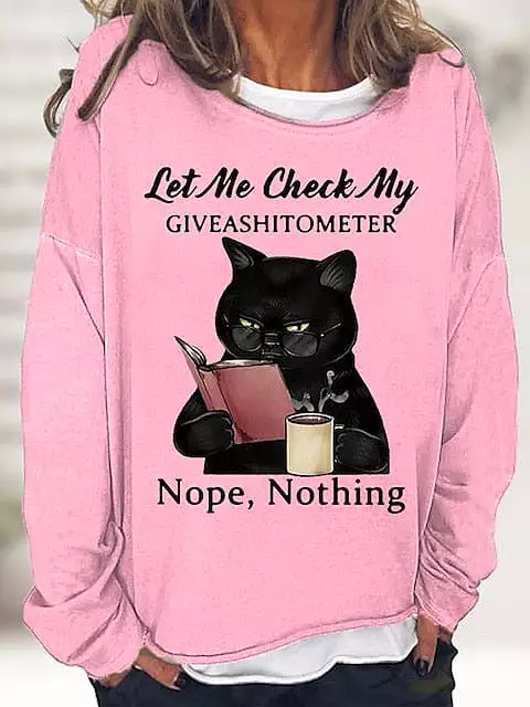 Casual Sports Women's Shirt with Cat Print in Black, Pink, and Wine