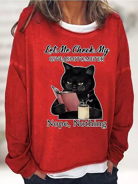 Casual Sports Women's Shirt with Cat Print in Black, Pink, and Wine