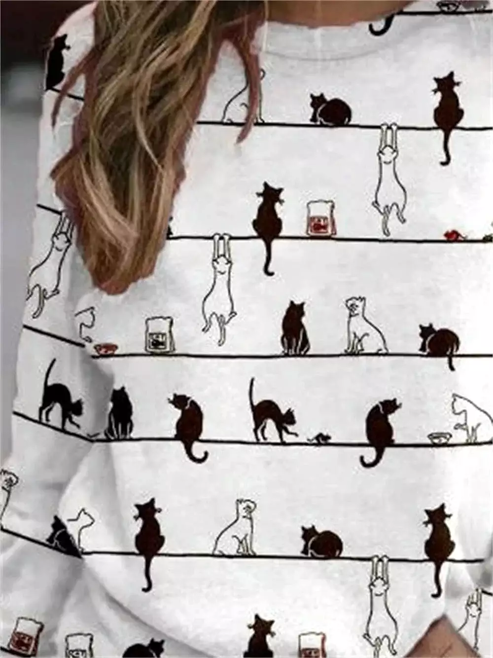 Cat Print Long Sleeve Women's T-shirt Casual Weekend Tee White Gray