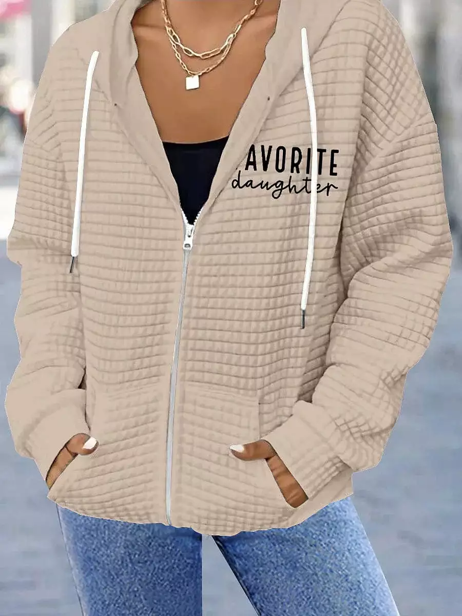 Chic White Letter Print Hoodied Jacket for Women