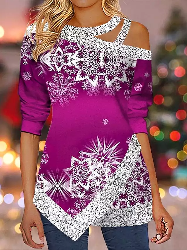 Christmas Snowflake Sparkle Women's Shirt with Cut-Out Asymmetric Long Sleeves