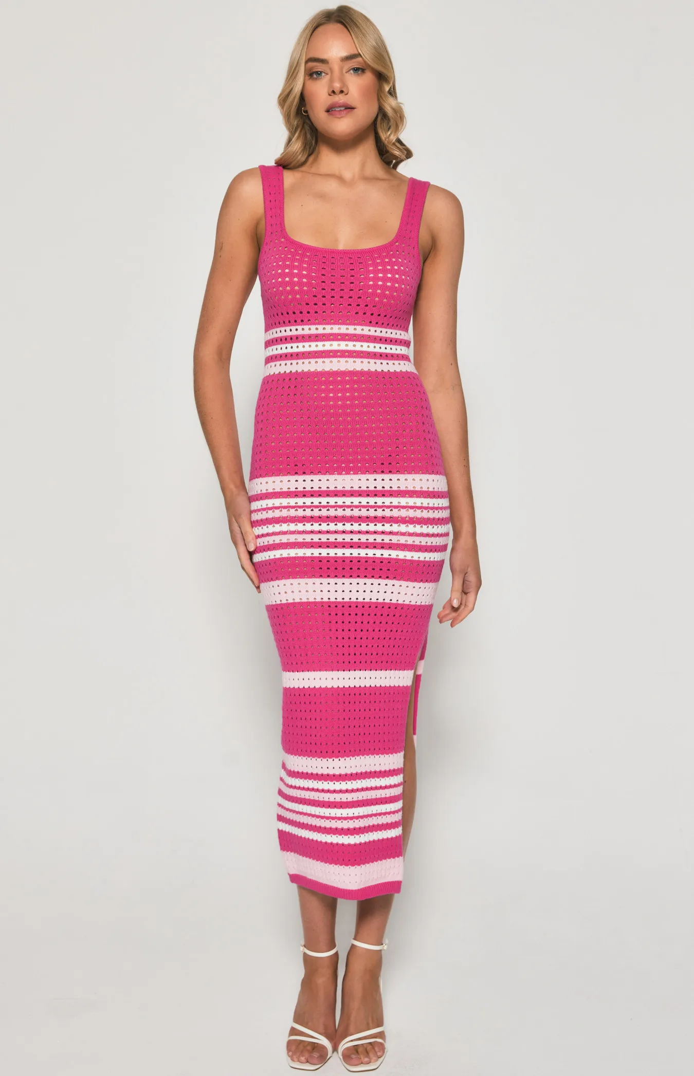 Contrast Stripe Crochet Knit Midi Dress with Side Split (SKN661)