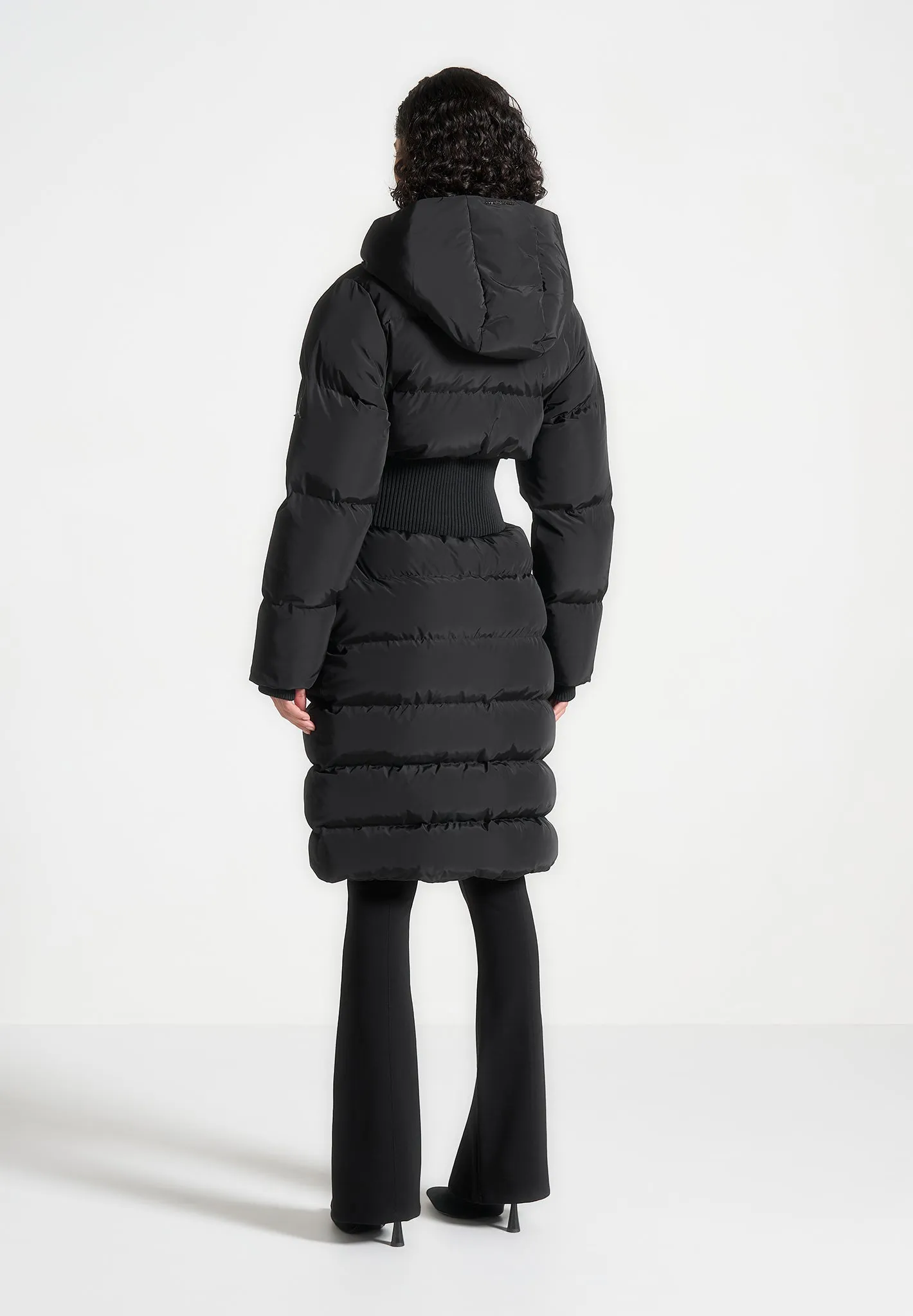 Corset Detail Longline Puffer Coat - Black