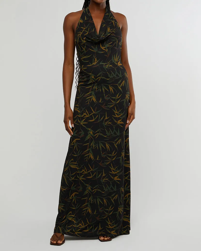 Cowl Halter Vintage Leaves Maxi Dress | Black