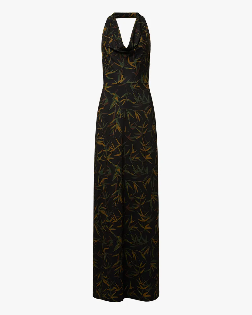 Cowl Halter Vintage Leaves Maxi Dress | Black