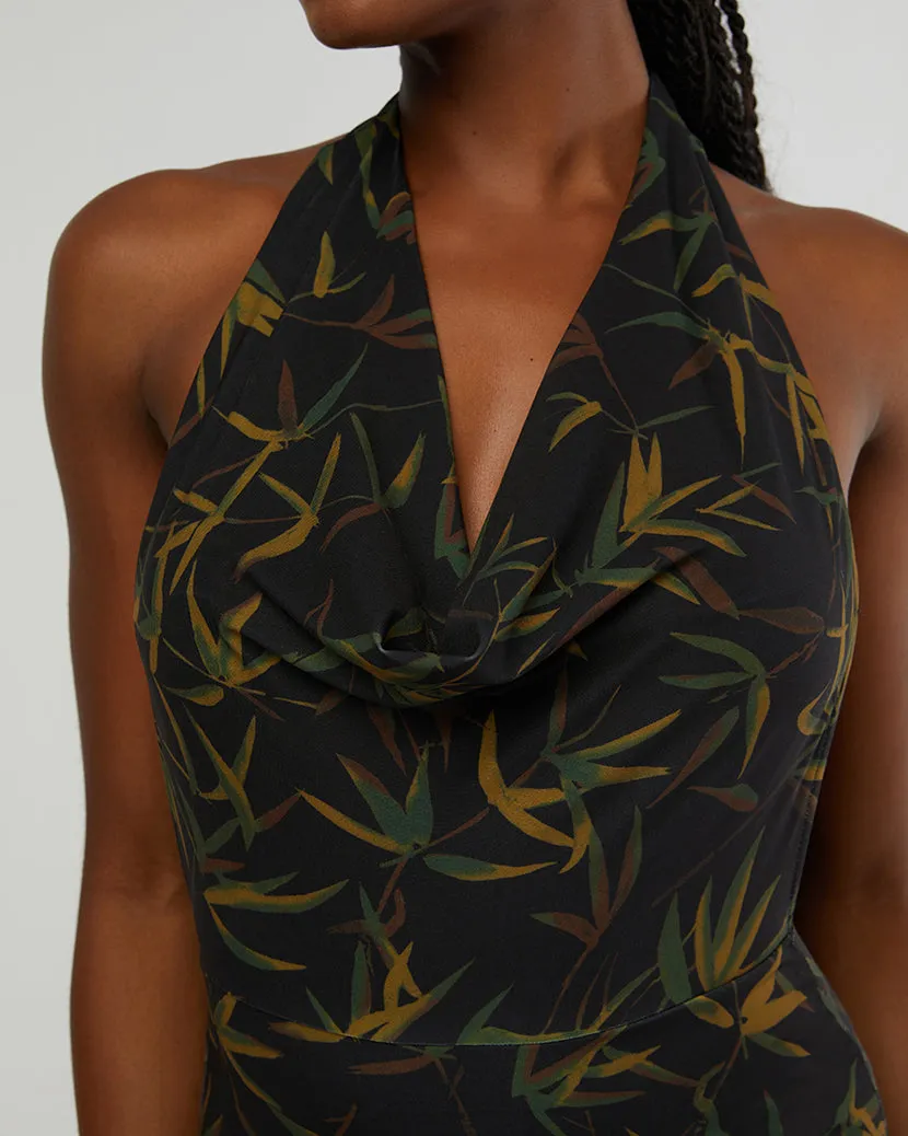 Cowl Halter Vintage Leaves Maxi Dress | Black