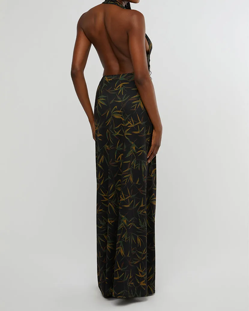 Cowl Halter Vintage Leaves Maxi Dress | Black