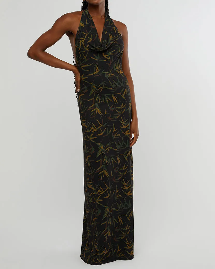 Cowl Halter Vintage Leaves Maxi Dress | Black