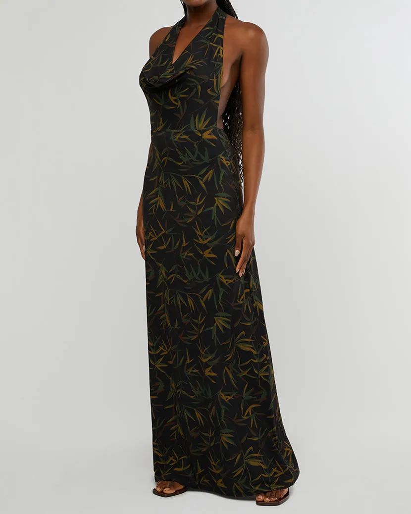 Cowl Halter Vintage Leaves Maxi Dress | Black