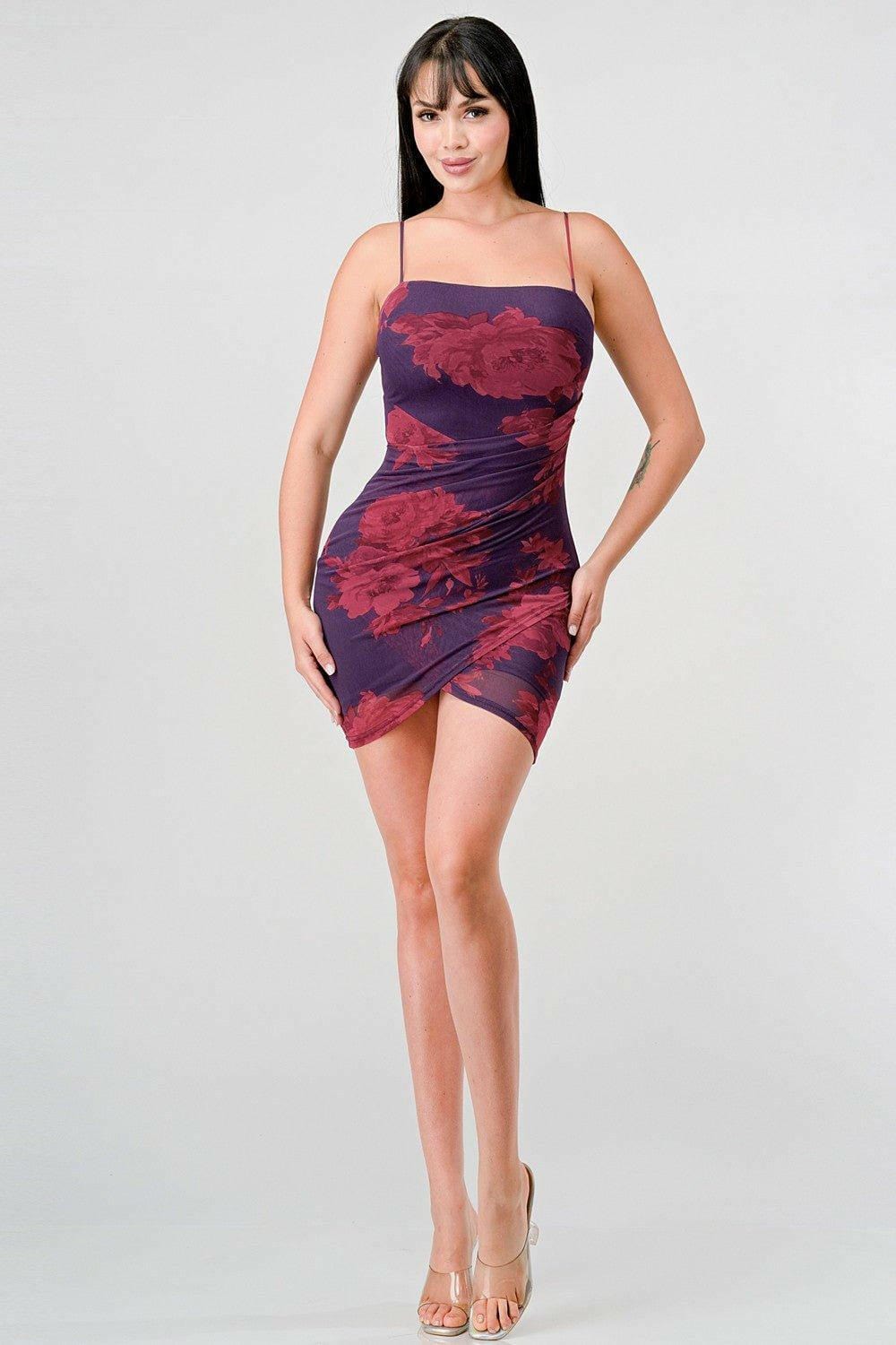 Dark Print Tulip Romance Mini Dress - Plum