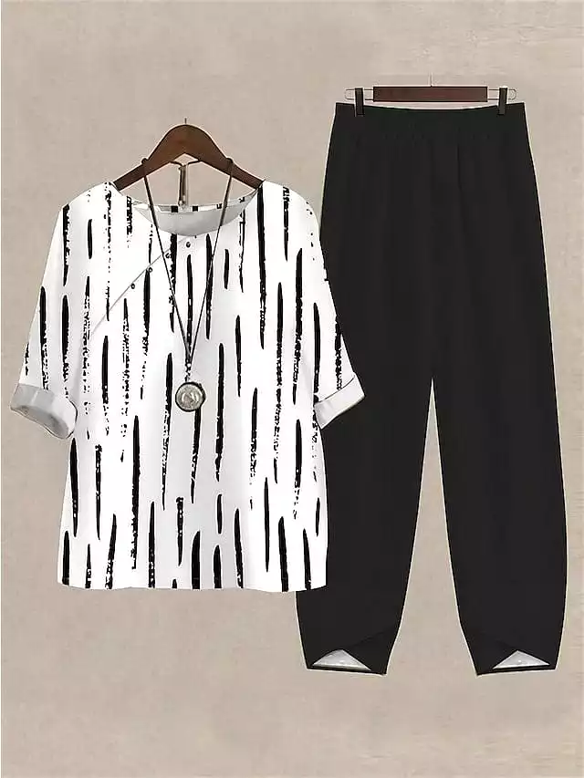 Elegant Floral Striped Women's Shirt and Pants Set for Casual and Daily Wear