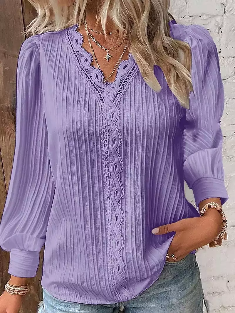 Elegant Women's Lace Shirt Blouse with V-Neck and Long Sleeves