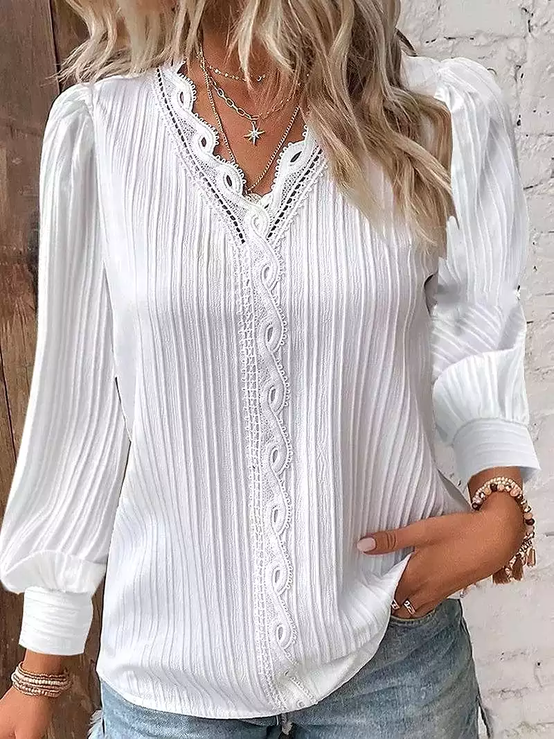 Elegant Women's Lace Shirt Blouse with V-Neck and Long Sleeves