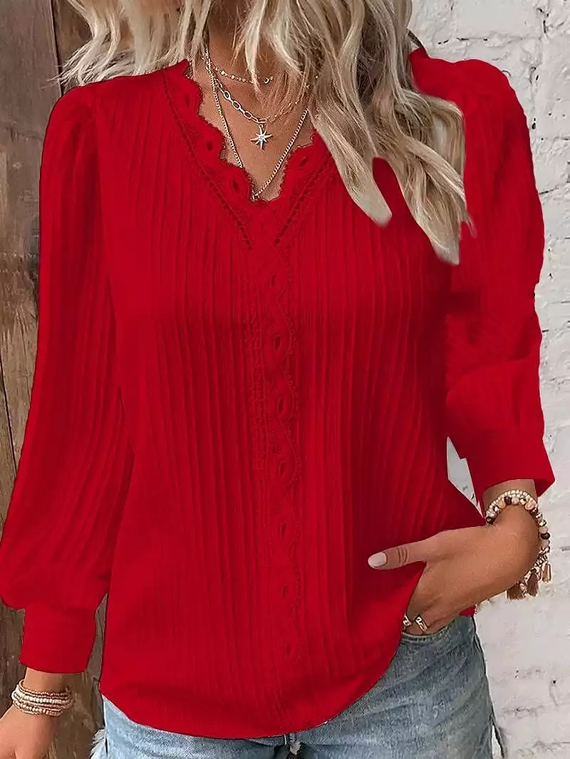 Elegant Women's Lace Shirt Blouse with V-Neck and Long Sleeves