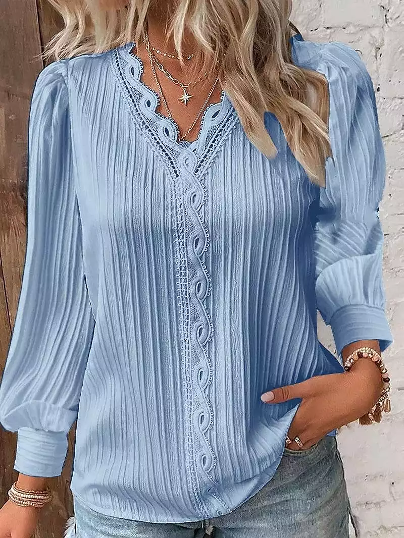 Elegant Women's Lace Shirt Blouse with V-Neck and Long Sleeves