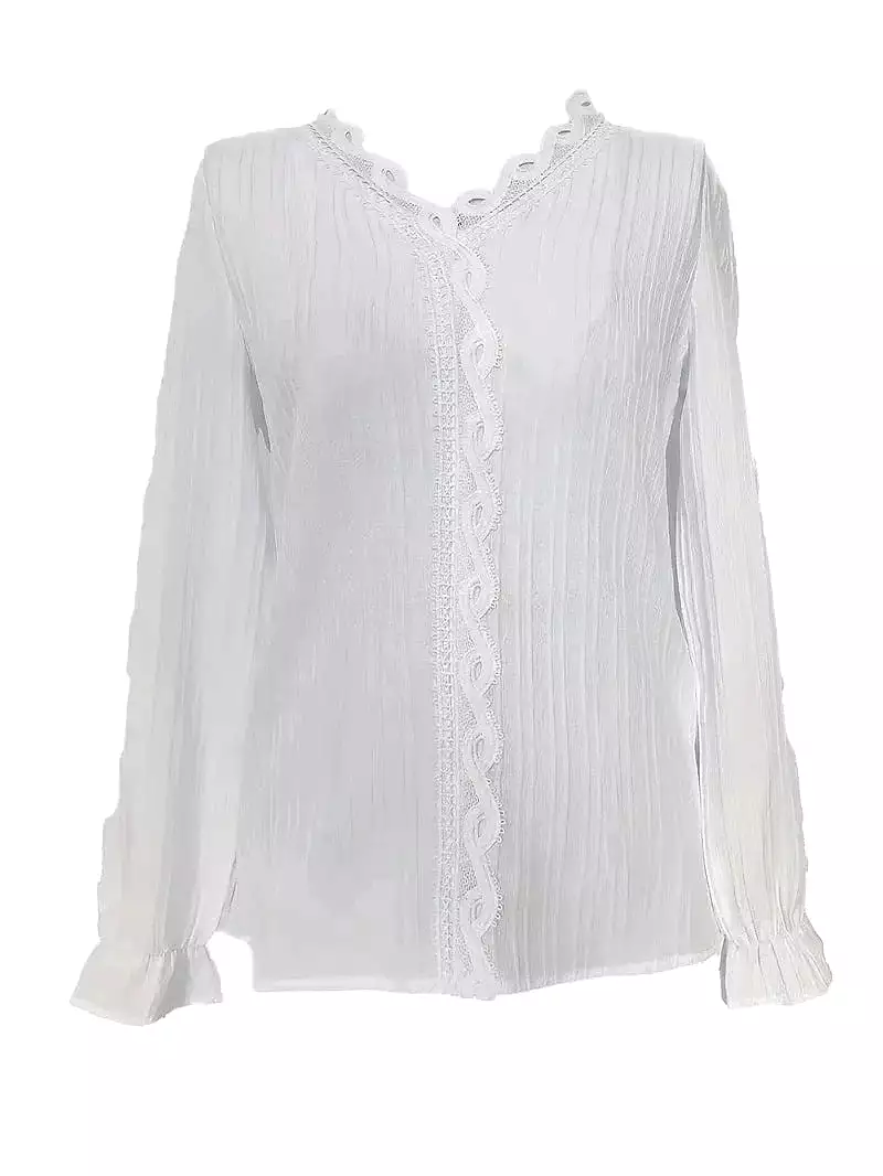 Elegant Women's Lace Shirt Blouse with V-Neck and Long Sleeves