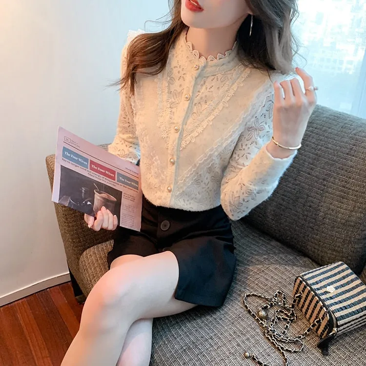 Elegant Women's Non-stretch Lace Full Sleeves Basic Office Blouse Top